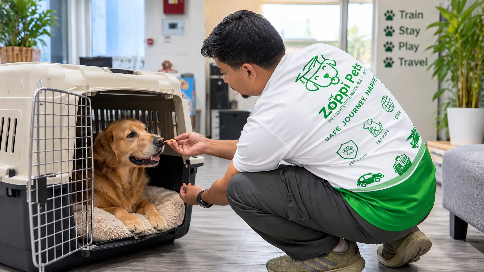 Positive reinforcement during a dog behaviour assessment at an indoor training area, pre-travel preparation with Zoppi Pets in the UAE