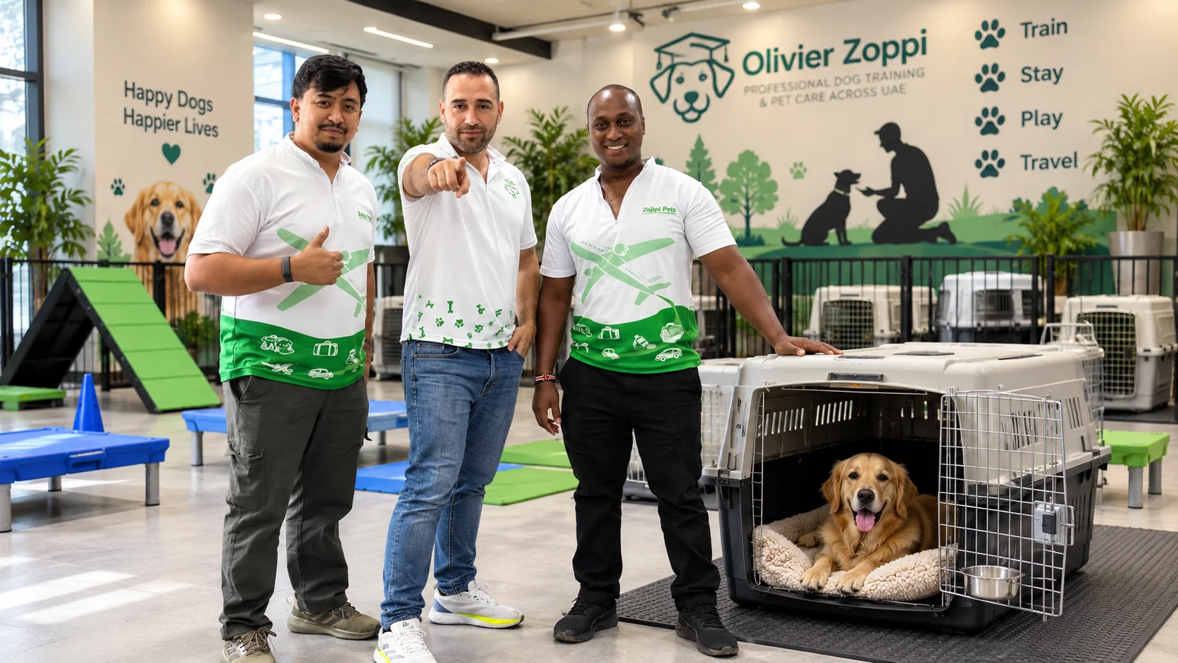 Zoppi Pets training team with a happy dog during crate familiarisation for pre-travel preparation in the UAE