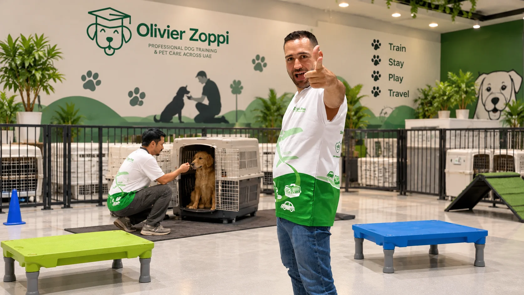 Professional dog training centre scene for pre-travel pet preparation with Zoppi Pets in the UAE