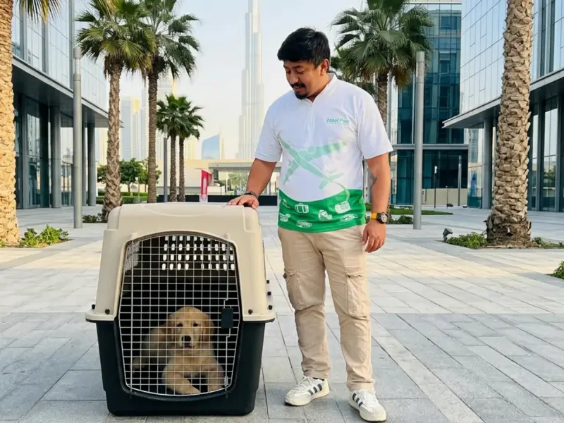 A Zoppi Pets handler with a golden retriever puppy in a travel crate in Dubai