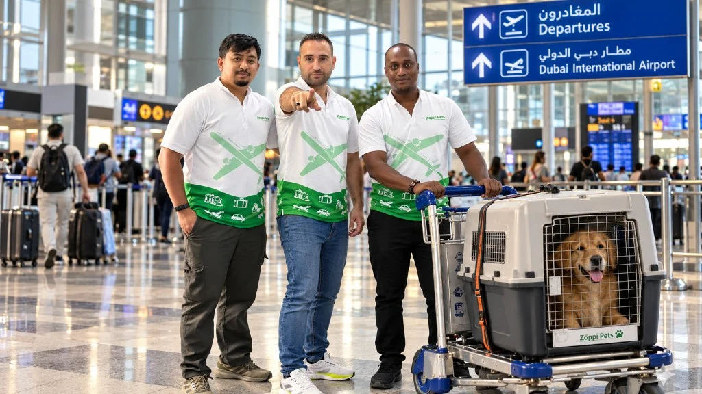Zoppi Pets team with a dog in an IATA travel crate at Dubai International Airport Departures